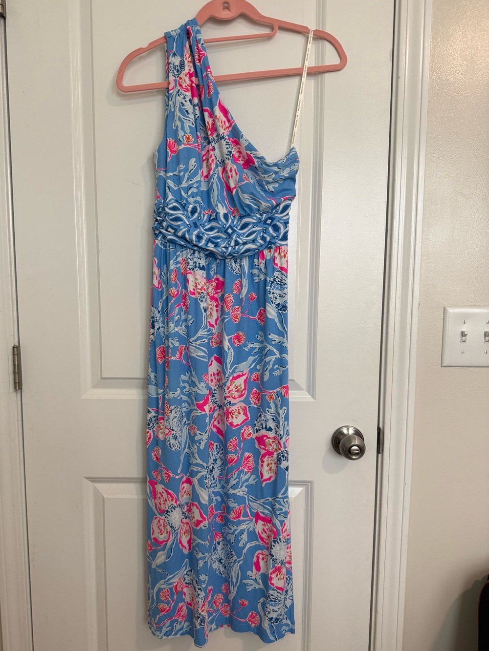 Lilly Pulitzer Helina Midi One-Shoulder Floral Maxi Dress in Sky Blue and Pink